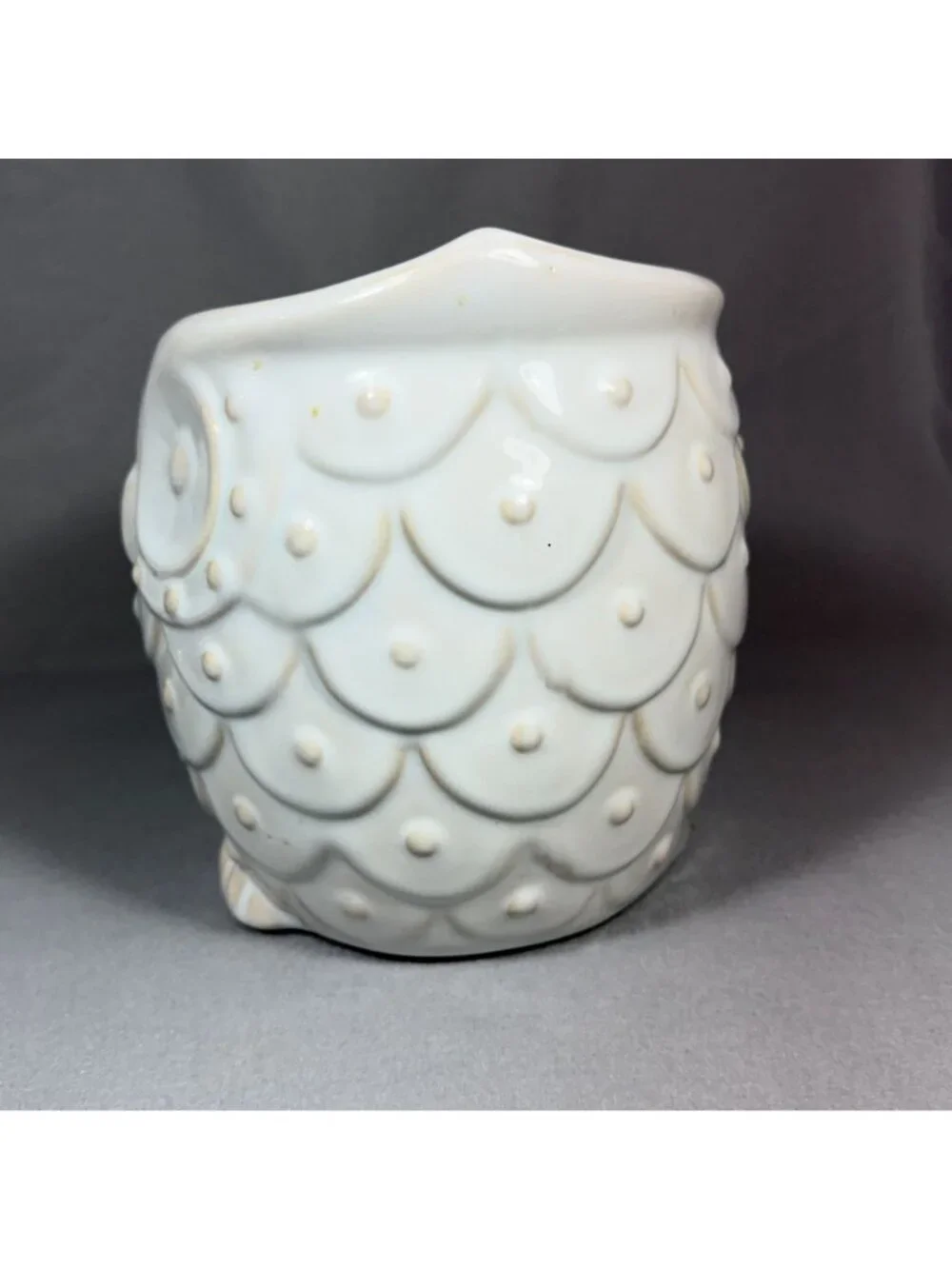 White Ceramic Owl Utensil Holder Crock Embossed Boho Farmhouse Kitchen Decor